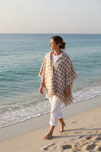 Load image into Gallery viewer, Cream and Cocoa Plaid Knit Shawl Wrap